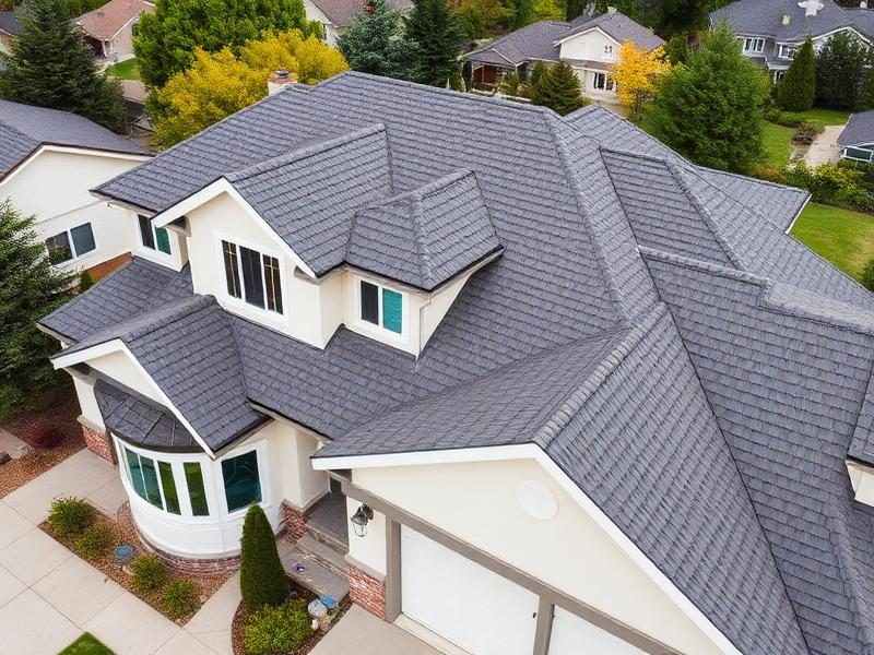Aerial view of a brand-new shingle roof on a suburban home