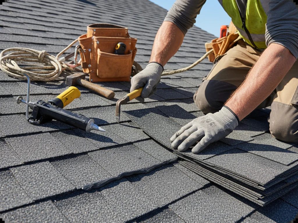 Roofer installing shingles on a residential roof